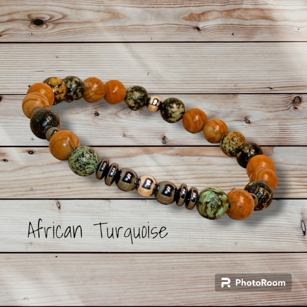 African Tourqoise and Woodgrain Jasper Aromatherapy Beaded Bracelet.